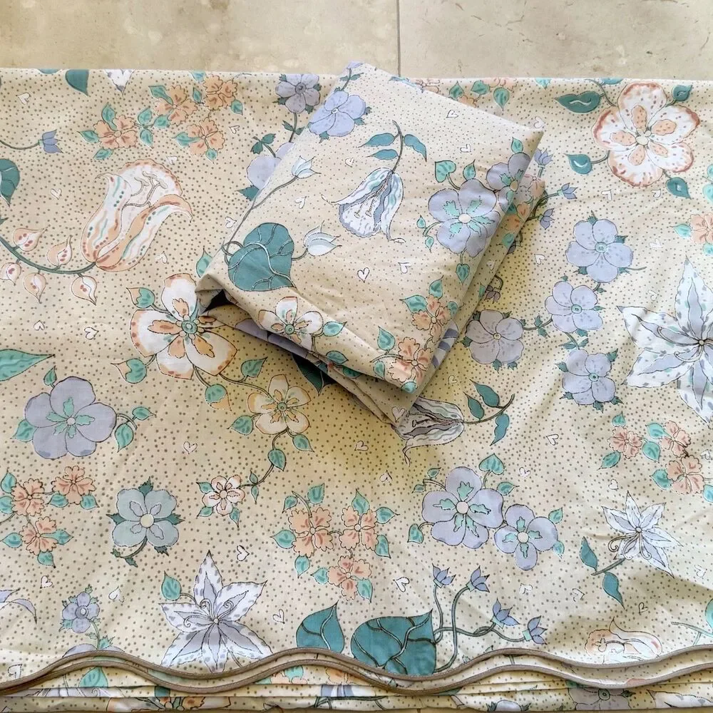 Barbara Brody Martex Twin Sheet Flat + Fitted Beige Peach Blue Meandering Vines